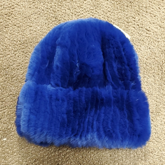 SALE Blue Knitted Rex Rabbit Fur Stretch Beanie - Picture 2 of 2